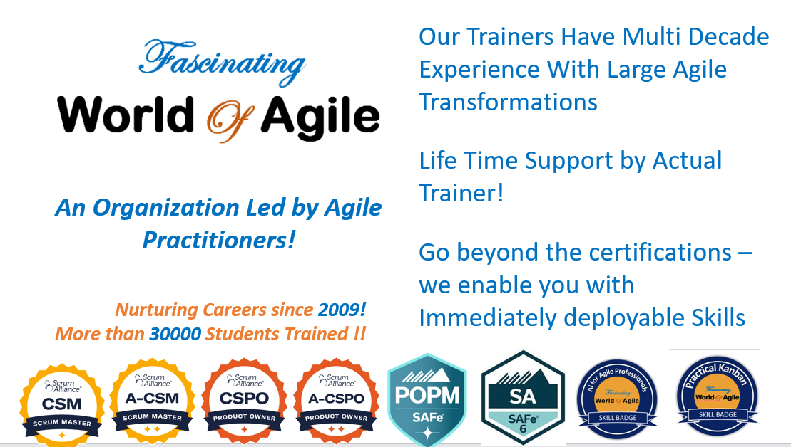 World Of Agile is a dream conceived by Snehamayee and Amit. From inception our focus is integrity and sincerity towards our work - We are simple people who want to share our expertise with other Agile Professionals.  We design our classes to empower the participants with Knowledge and Skills that can be deployed immediately. Our Highlights are More than 30,000 students trained Life time support by actual trainers Trainers with multi decade experience we enable you with Immediately deployable Skills 